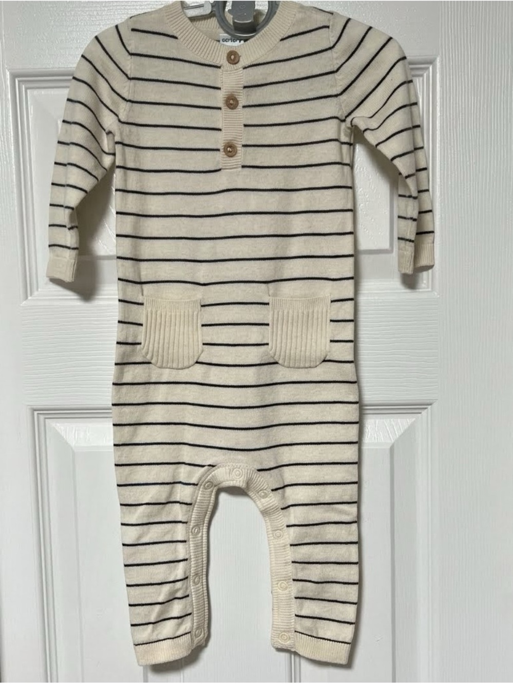 Carter’s Baby Boy Striped Henley Long Sleeve Jumpsuit Romper Pockets Ivory Grey